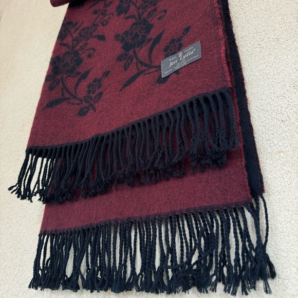 Jesi Lydia wool touch Burgundy/Wine and Black Floral Fringe Oversized Scarf/Wrap - Picture 8 of 9